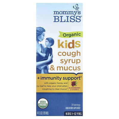 Organic Kids Cough Syrup & Mucus + Immunity Support, 1-12 Yrs, Elderberry, 4 fl oz (120 ml)