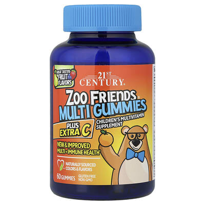 Zoo Friends® мультивитаминные жевательные конфеты с дополнительным витамином C, фруктовый вкус, 60 штук