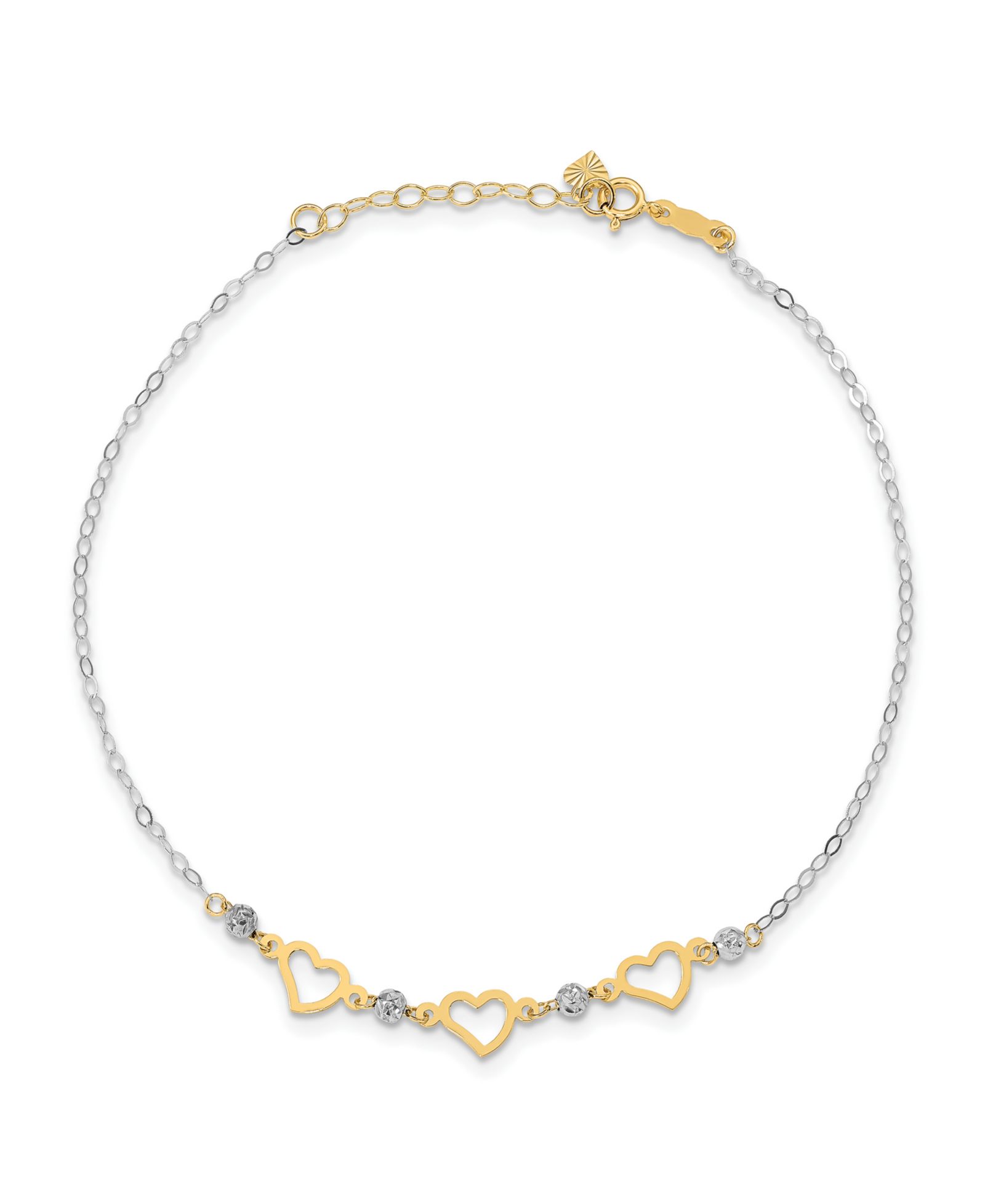 Подвеска на ногу с сердцем и бусинами из желтого и белого золота 14k