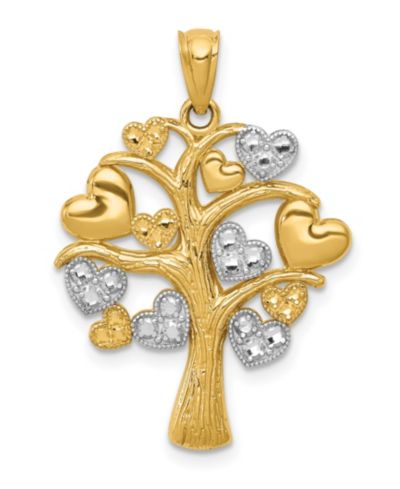 Family Tree with Hearts Pendant in 14k Gold over Rhodium