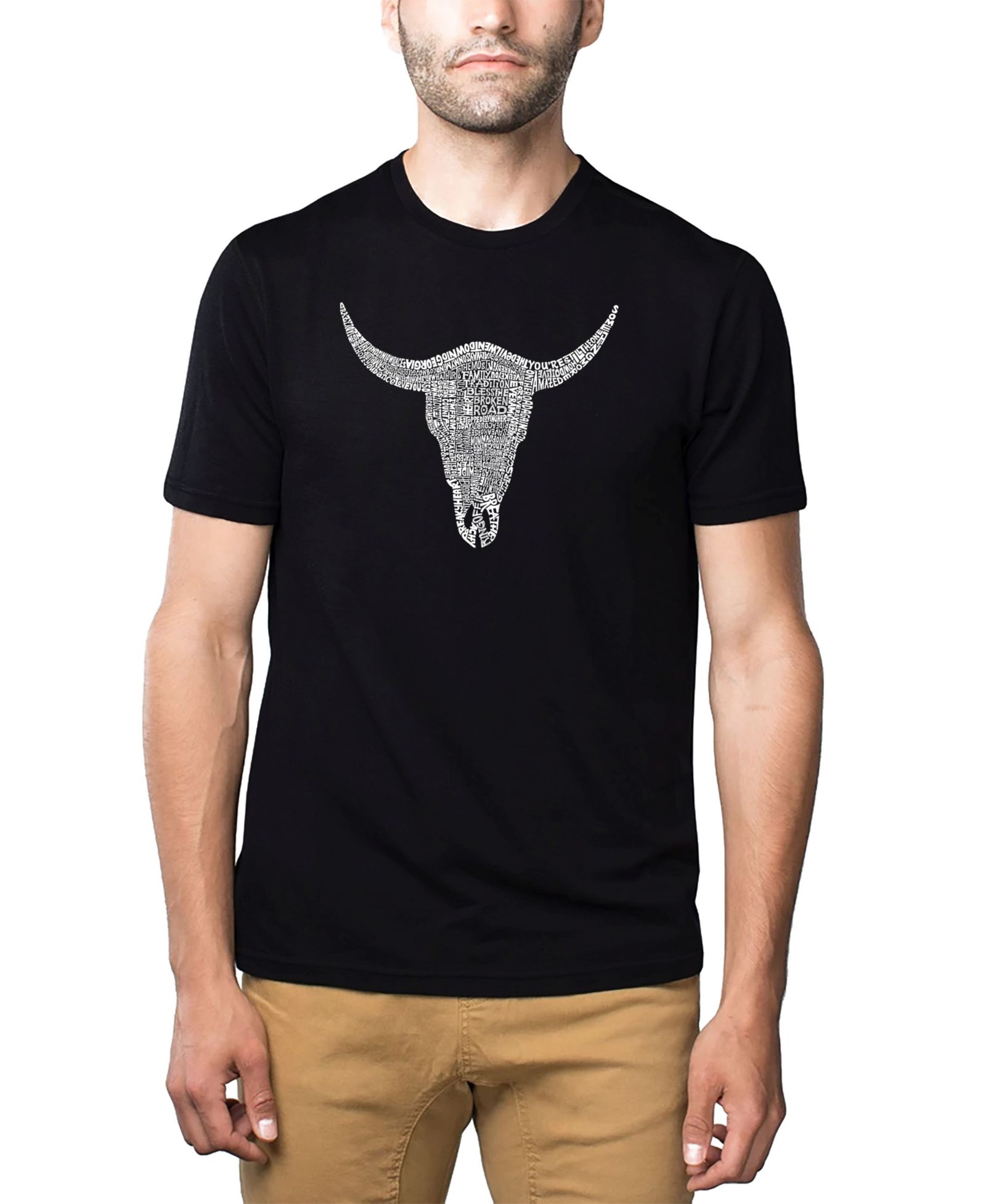 LA Pop Art Men's Cotton/Poly Blend Word Art T-Shirt - Cowskull Country Hits