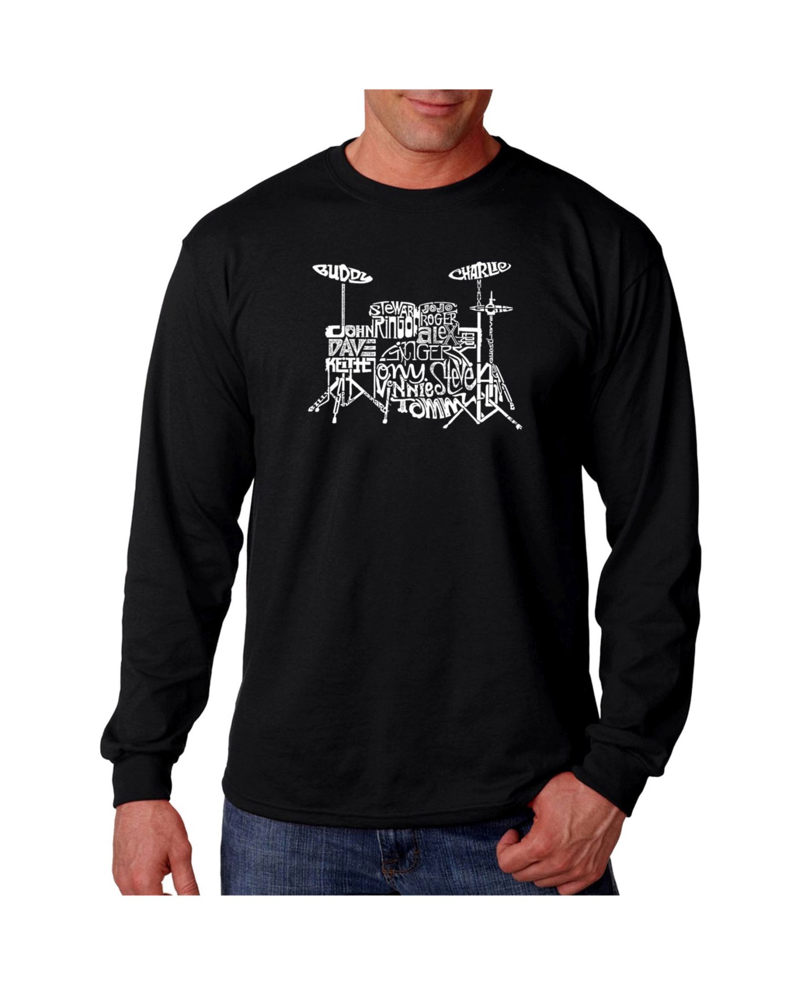 LA Pop Art Men's Word Art Long Sleeve T-Shirt- Drums