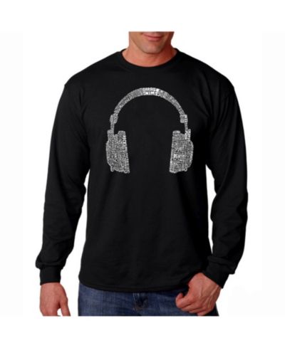 LA Pop Art Men's Word Art Long Sleeve T-Shirt- Headphones - 63 Genres of Music