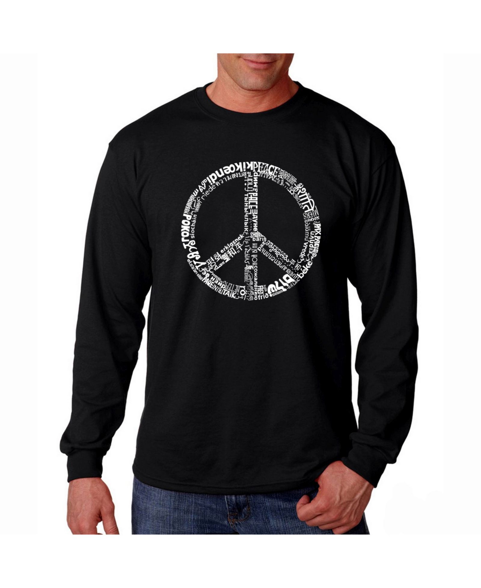 LA Pop Art Мужской Word Art Long Sleeve T-Shirt- Peace Sign In 77 Languages