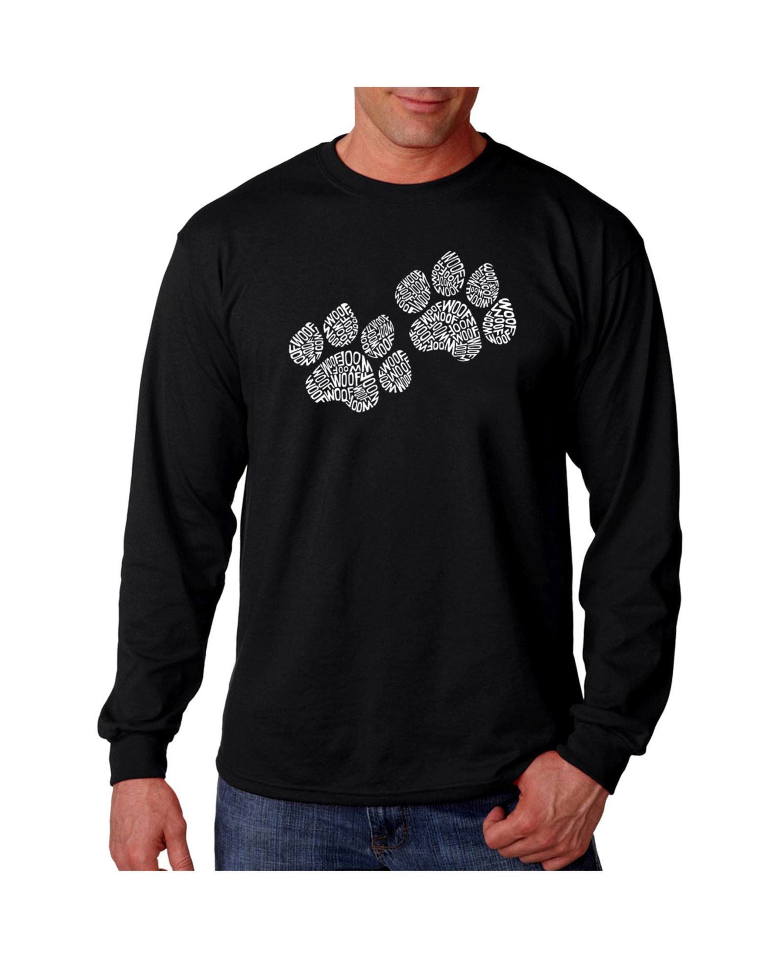 LA Pop Art Men's Word Art Long Sleeve T-Shirt- Woof Paw Prints