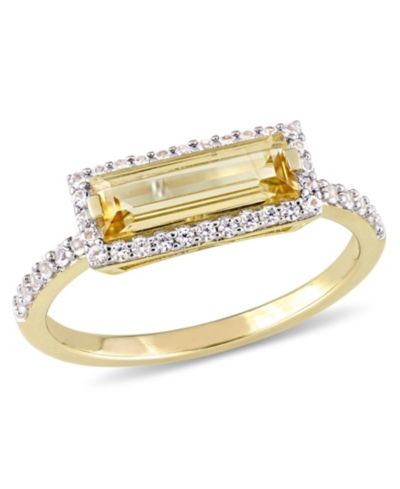 Кольцо с цитрином Baguette Cut и белым сапфиром в 18k желтом золоте поверх стерлингового серебра