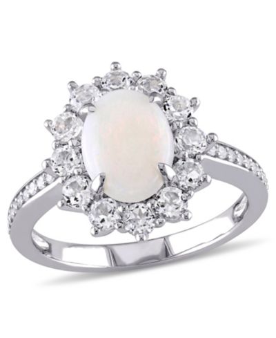 Oval Cut Opal (1 ct. t.w.), White Topaz (1 ct. t.w.) и Diamond (1/10 ct. t.w.) Halo Ring в Sterling Silver