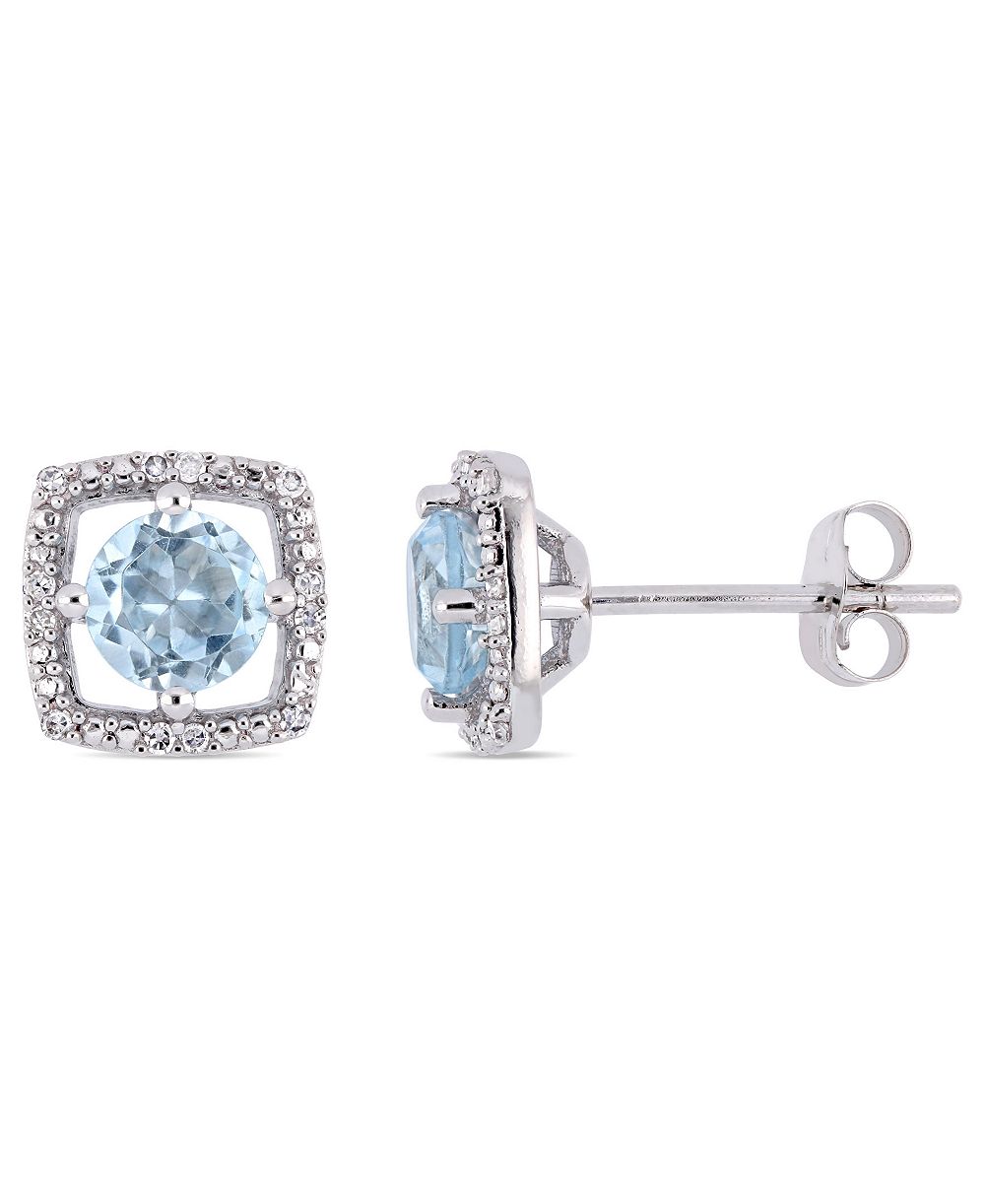 Серьги-гвоздики Square Stud с голубым топазом (1 ct. t.w.) и бриллиантовым акцентом Halo в белом золоте 10k