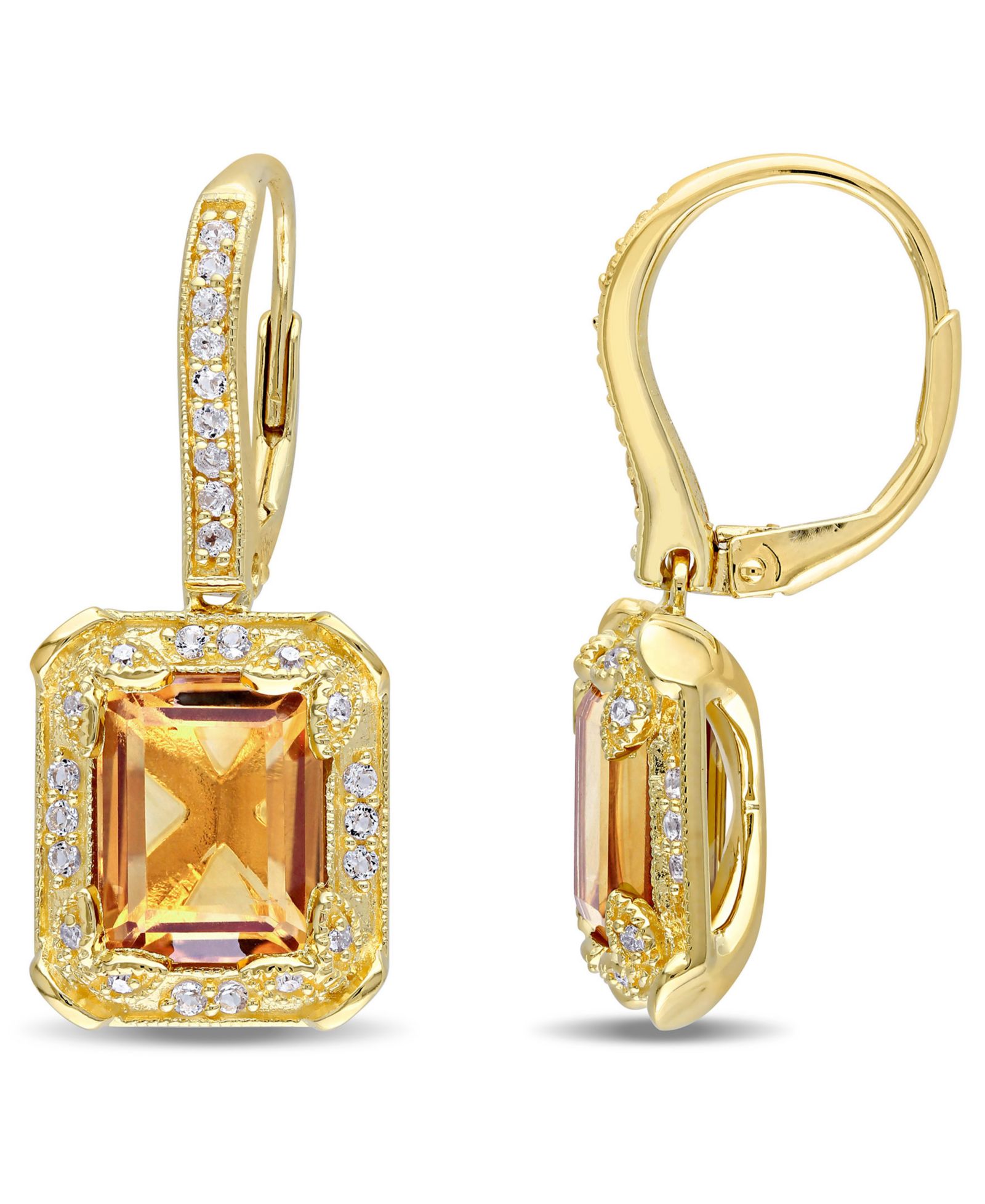 Серьги-подвески Citrine White Topaz и Diamond в 18k Yellow Gold Over Sterling Silver