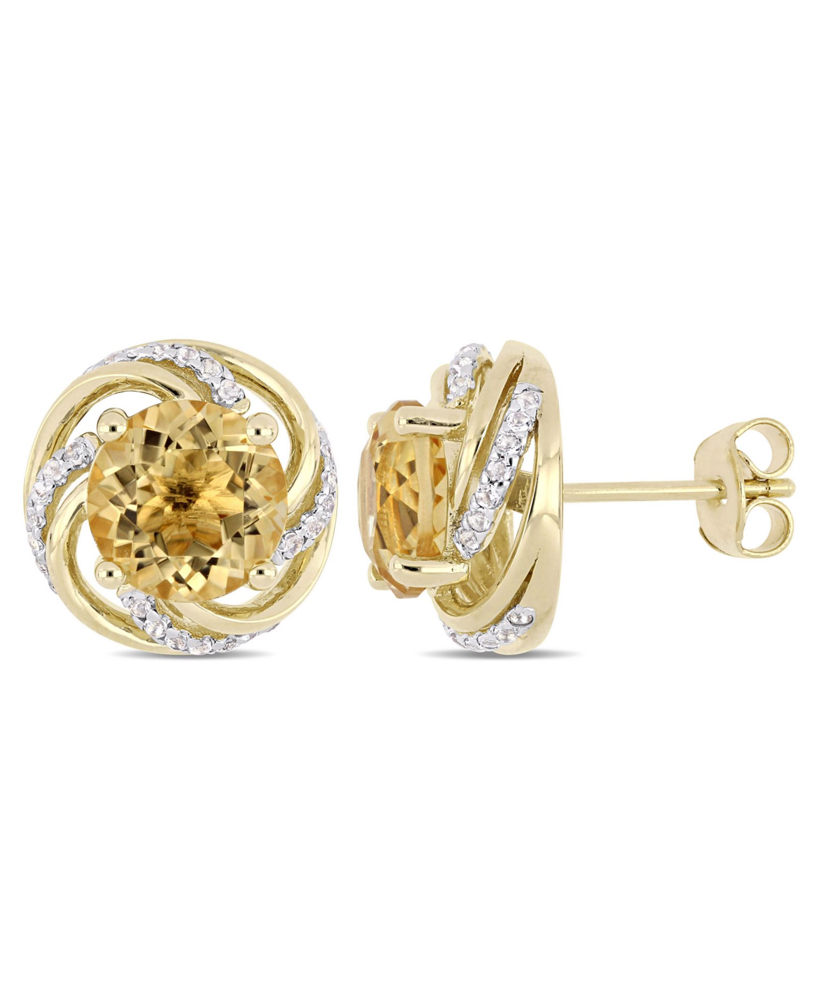 Серьги-гвоздики Citrine (3-5/8 ct. t.w.) и White Topaz (1/4 ct. t.w.) Swirl в 18k Yellow Gold Over Sterling Silver