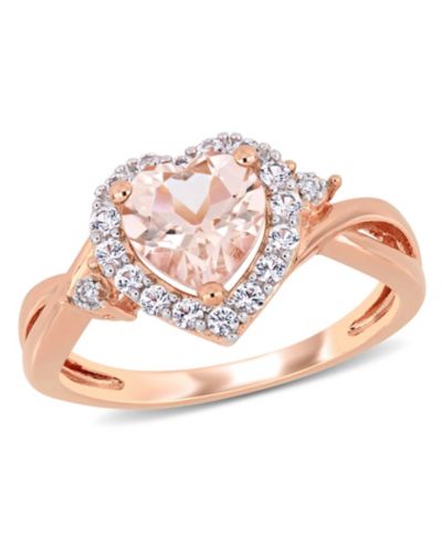 Кольцо с розовым морганитом, белым сапфиром и бриллиантами в золоте 18k Rose Gold Over Silver, Heart Shape