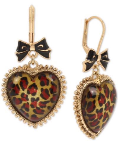Betsey Johnson Gold-Tone Leopard Animal-Print Heart Drop Earrings