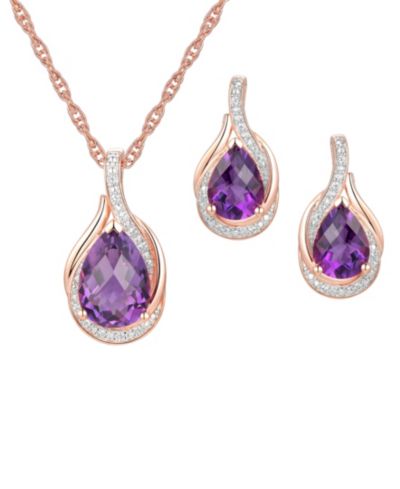 Комплект из ожерелья с кулоном Amethyst и серьг-гвоздик Diamond, 14k Rose Gold-Plated Sterling Silver, 2-Pc. Set