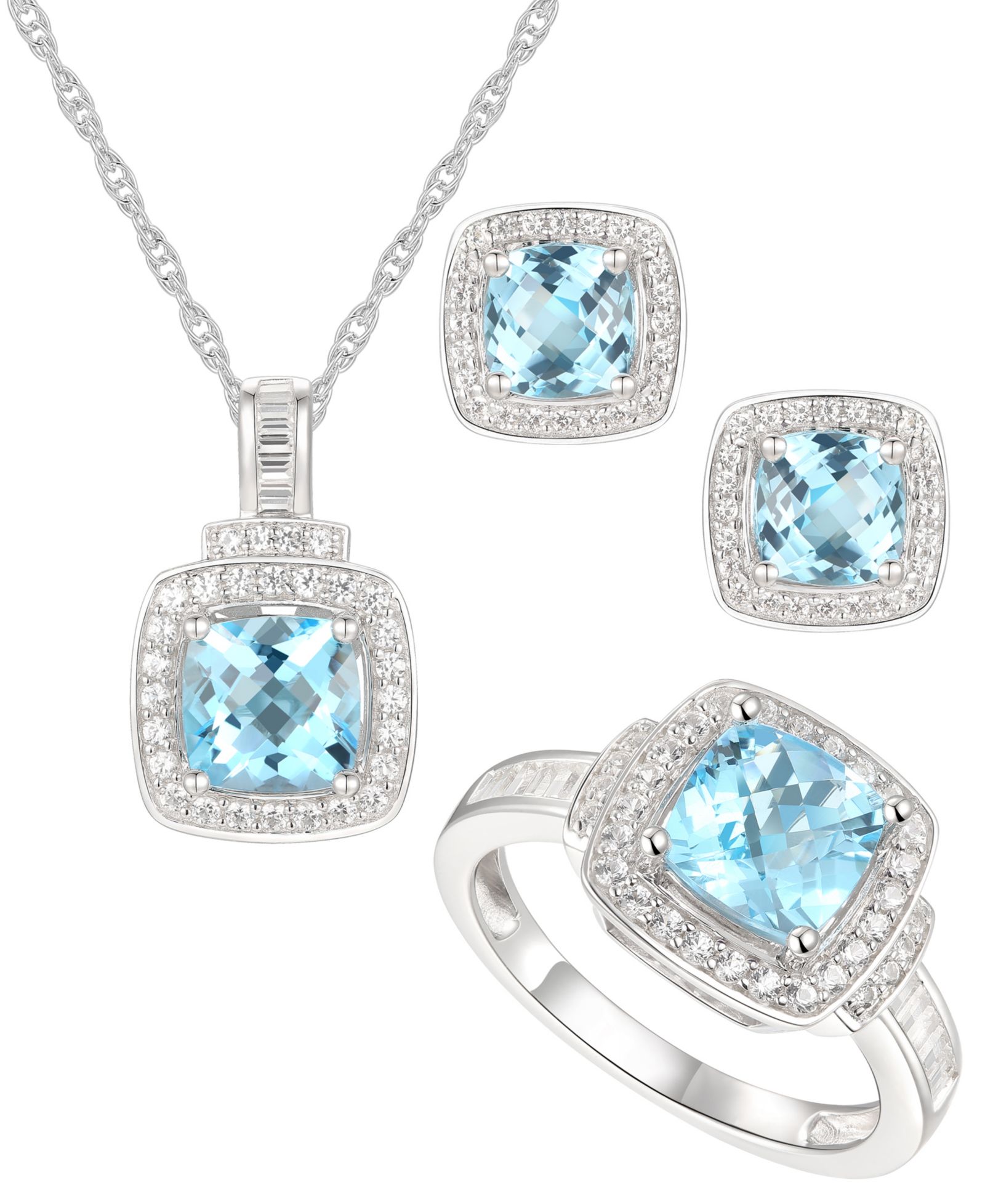 Набор из 3-х изделий: колье, кольцо и серьги с Blue Topaz и White Topaz в Sterling Silver