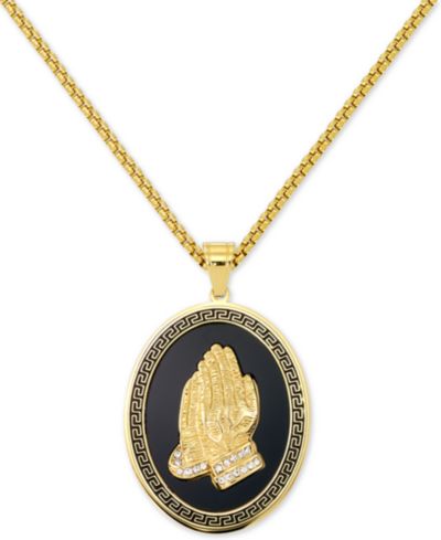 LEGACY for MEN by Simone I. Smith Men's Praying Hands 24" Pendant Necklace in Black Enamel & Yellow Ion-Plated Stainless Steel