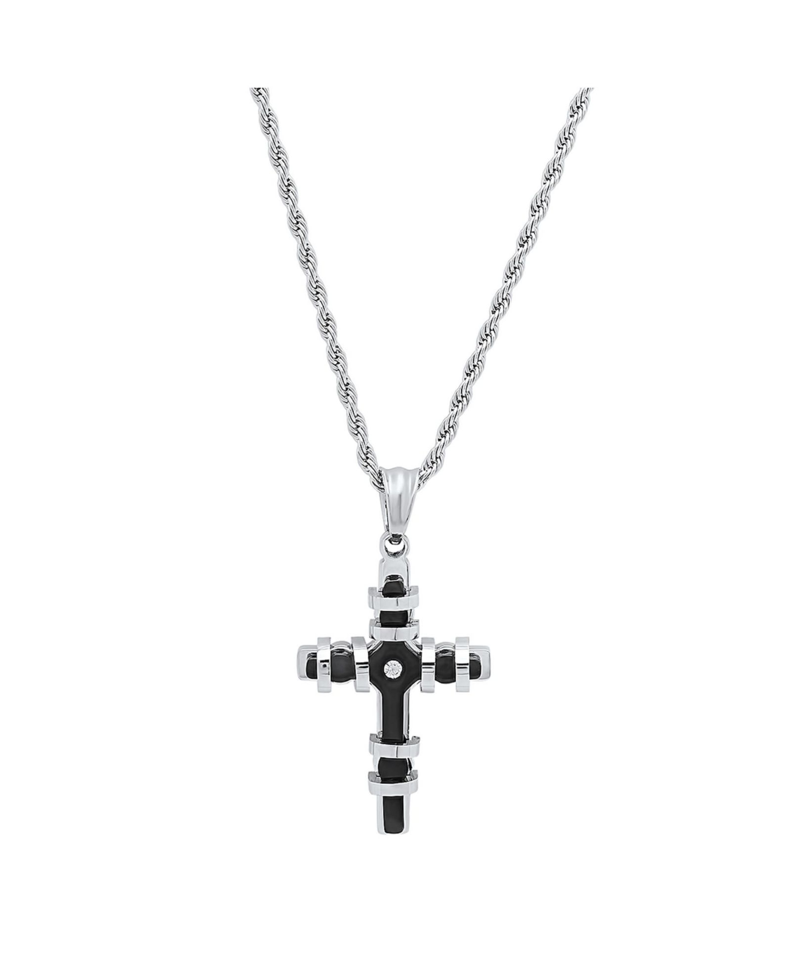 Steeltime Men's Two Toned black IP Plated Stainless Steel Cross Pendant with Simulated Diamond Necklaces