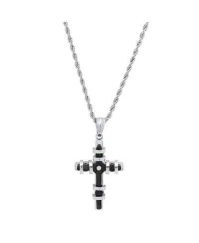 Steeltime Men's Two Toned black IP Plated Stainless Steel Cross Pendant with Simulated Diamond Necklaces