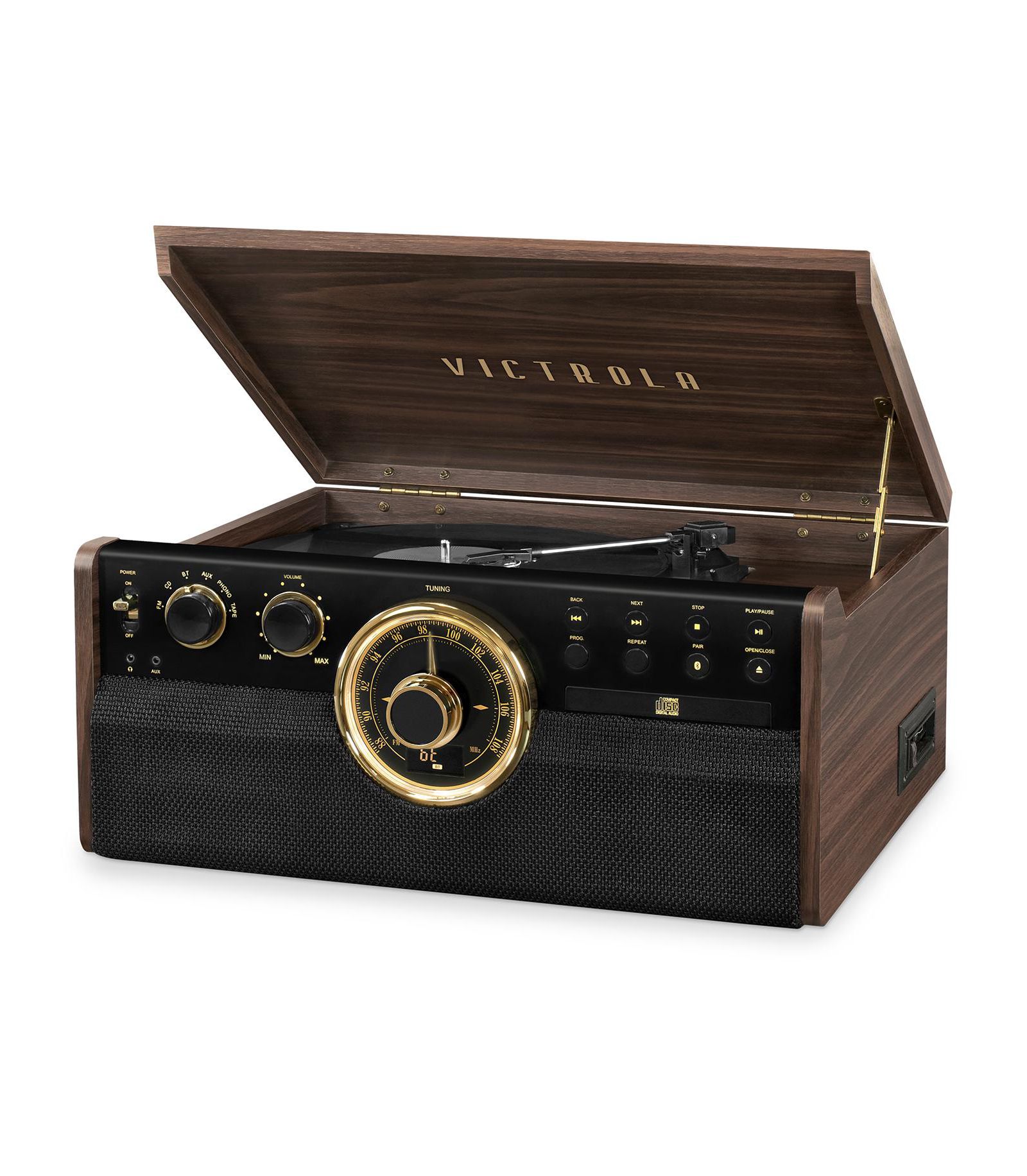 Проигрыватель Victrola 6-в-1 с деревянным корпусом в стиле Mid Century Modern, Bluetooth, 3-скоростной проигрыватель, CD, кассетный плеер и радио