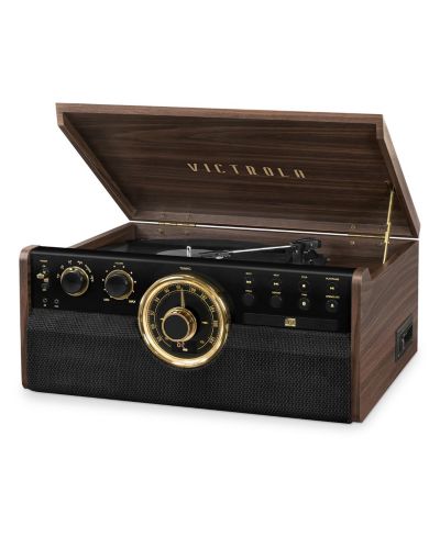 Проигрыватель Victrola 6-в-1 с деревянным корпусом в стиле Mid Century Modern, Bluetooth, 3-скоростной проигрыватель, CD, кассетный плеер и радио