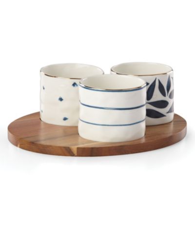 Lenox Blue Bay Round Snack Bowls with Wood Tray