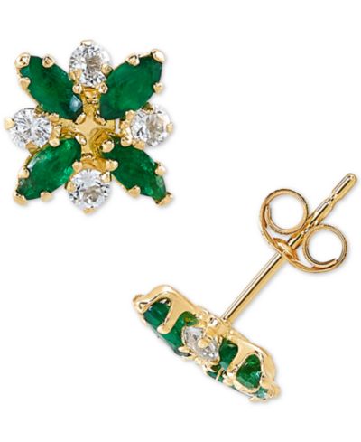 Emerald (3/4 ct. t.w.) & White Topaz (1/3 ct. t.w.) Flower Stud Earrings in 10k Gold