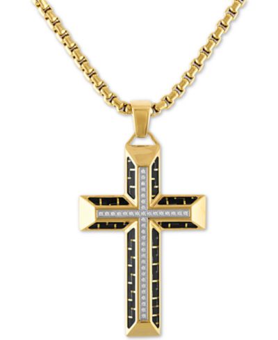 Мужская подвеска-кулон Esquire Men's Jewelry Diamond Cross 22" in Gold Tone Ion-Plated Stainless Steel & Black Carbon Fiber
