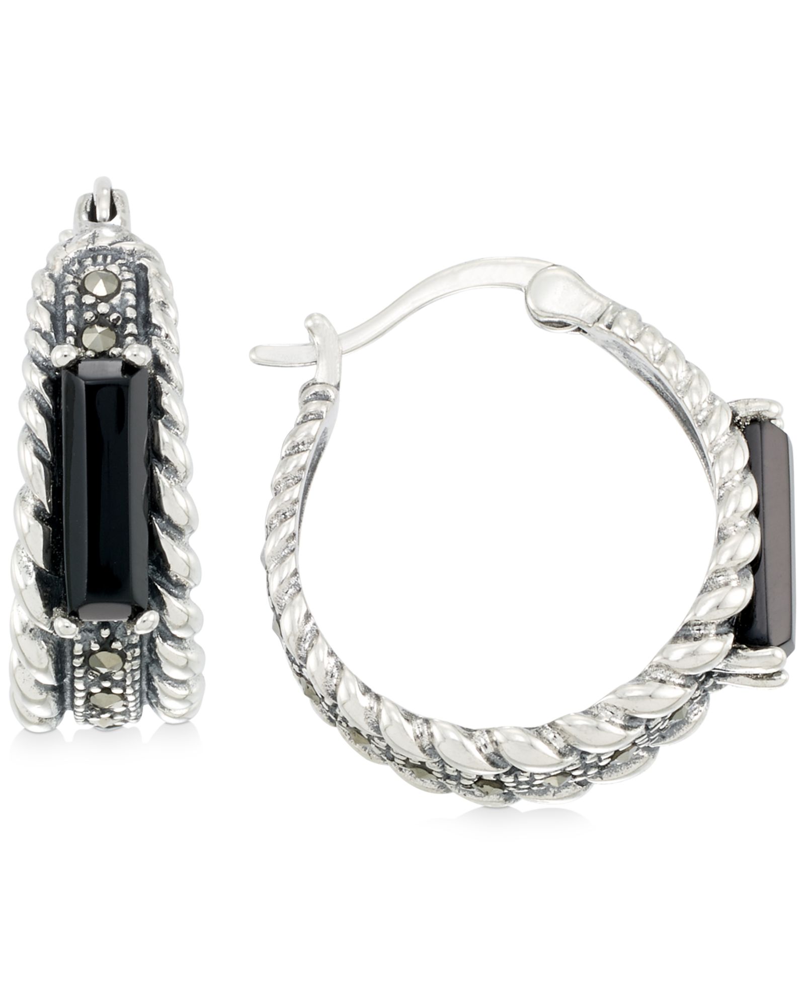Серьги-кольца с ониксом (3-1/2 x 9-1/2mm) и марказитом из стерлингового серебра