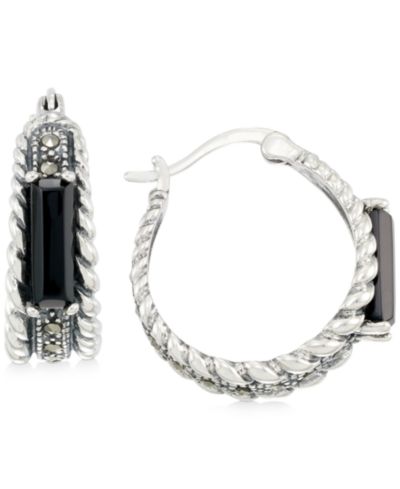 Серьги-кольца с ониксом (3-1/2 x 9-1/2mm) и марказитом из стерлингового серебра