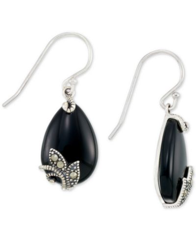 Серьги-подвески Onyx (12 x 18 x 4mm) & Marcasite Teardrop в стерлинговом серебре