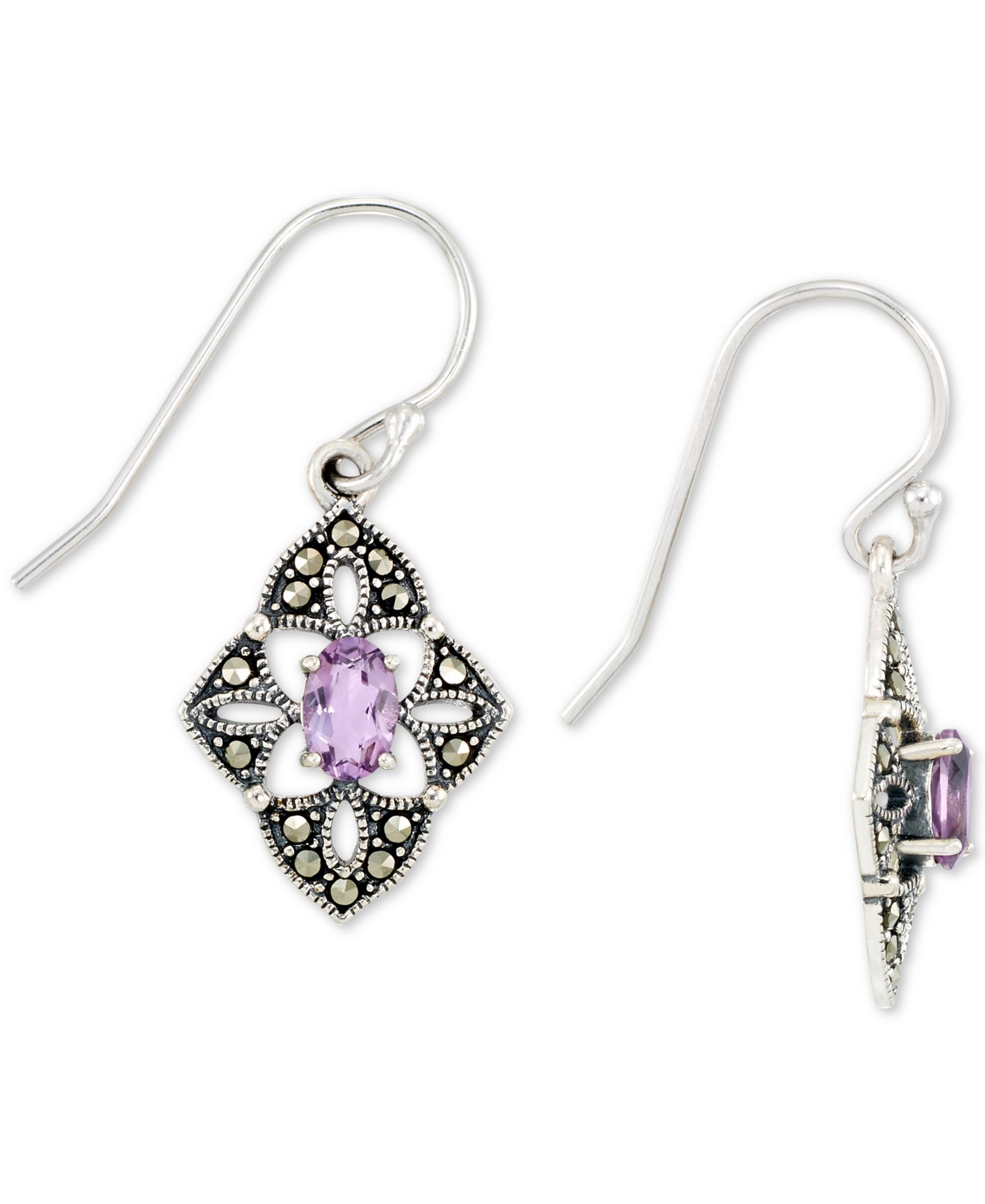 Серьги-подвески с аметистом (1/2 ct. t.w.) и марказитом в цветочном стиле из стерлингового серебра