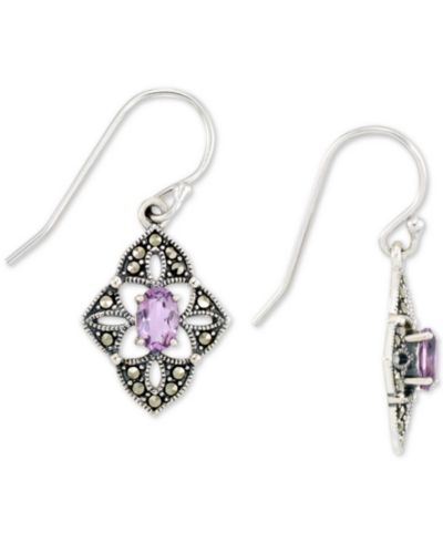 Серьги-подвески с аметистом (1/2 ct. t.w.) и марказитом в цветочном стиле из стерлингового серебра