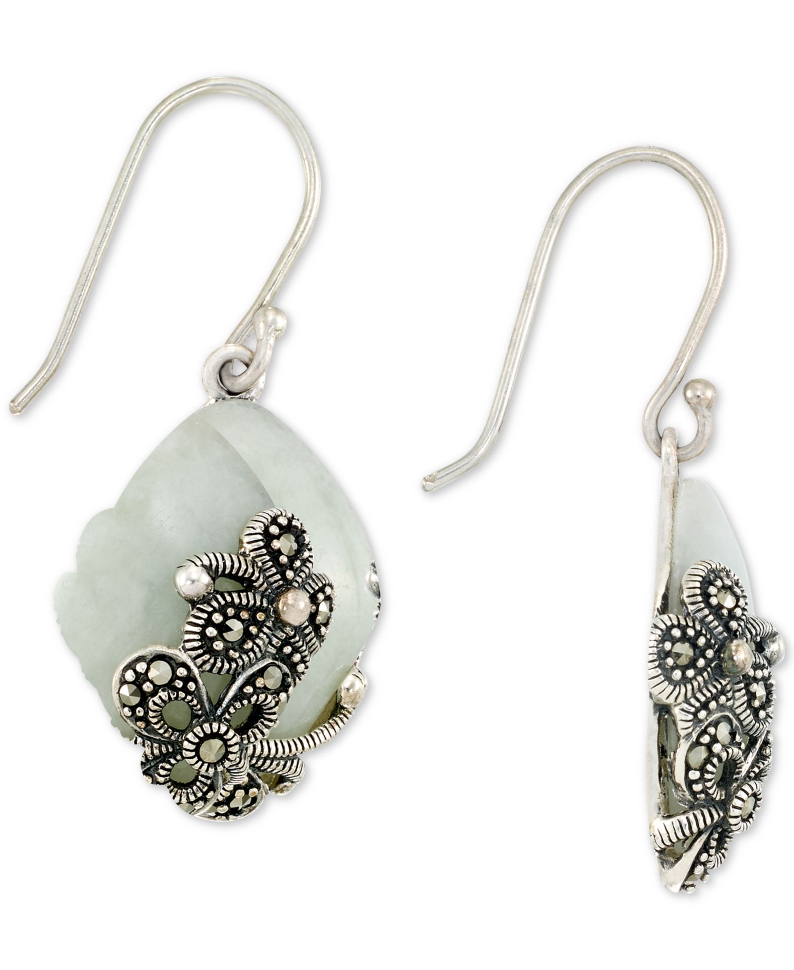 Серьги Jade (15 x 20 x 4mm) & Marcasite Flower Drop в Sterling Silver
