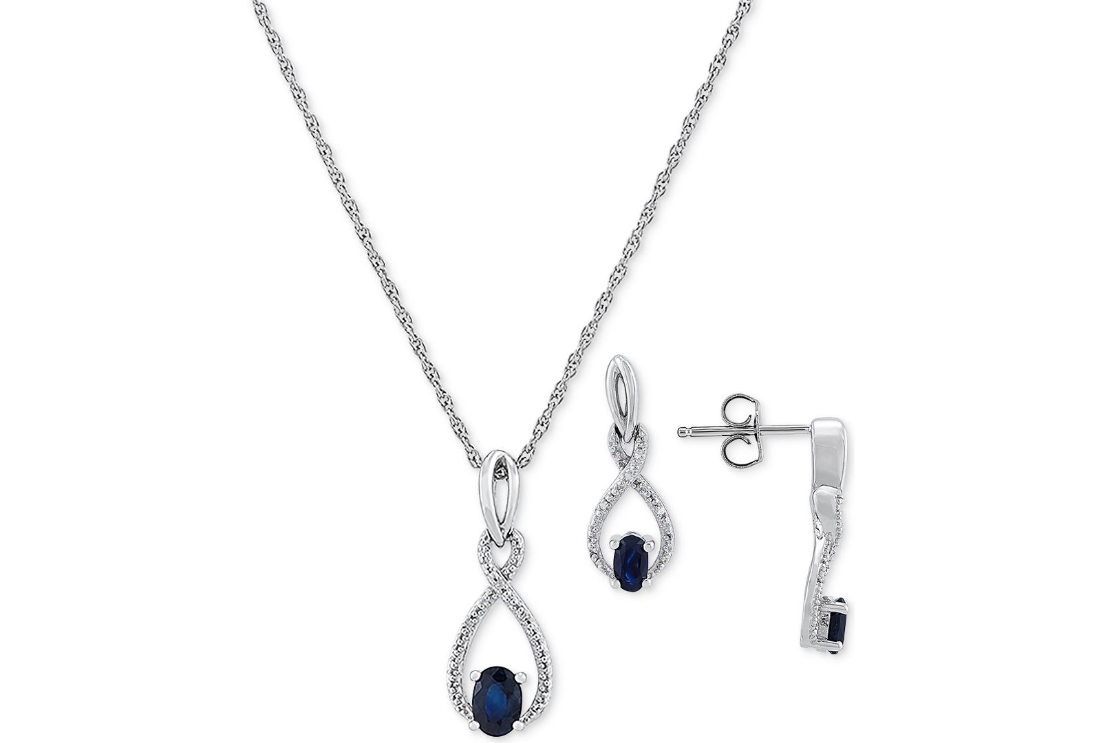 2-Pc. Set Sapphire (1-1/3 ct. t.w.) & Diamond (1/20 ct. t.w.) Pendant Necklace & Matching Drop Earrings in Sterling Silver