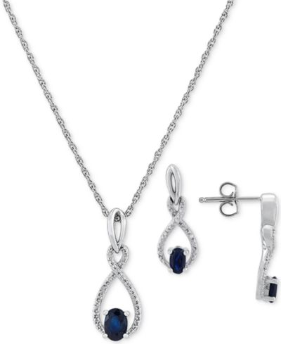 Комплект из 2 предметов: колье с сапфиром (1-1/3 ct. t.w.) и бриллиантом (1/20 ct. t.w.) и подходящие серьги-подвески из стерлингового серебра