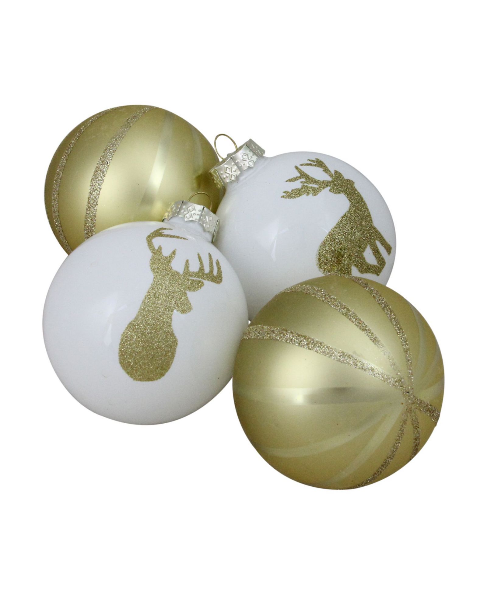 Стеклянные елочные шары Northlight 4ct Champagne Gold and White Striped Deer 4.5" 100 mm