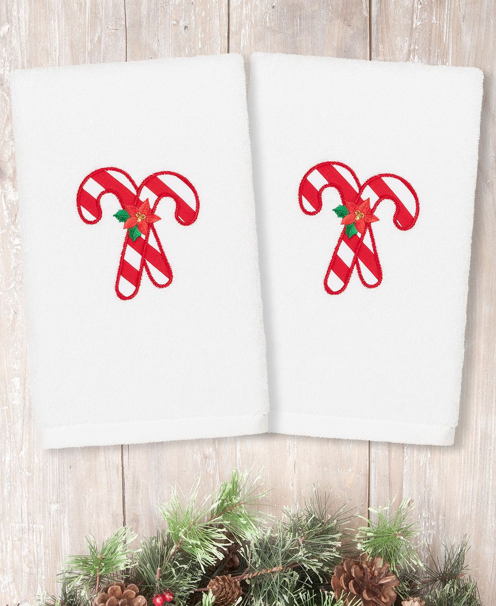 Linum Home Christmas Candy Canes Embroidered 100% Turkish Cotton 2-Pc. Hand Towel Set
