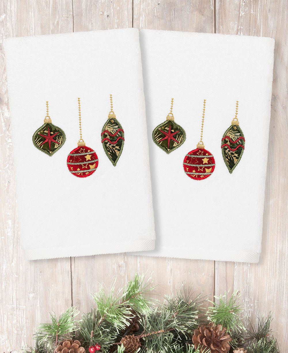 Linum Home Christmas Ornaments Embroidered 100% Turkish Cotton 2-Pc. Hand Towel Set
