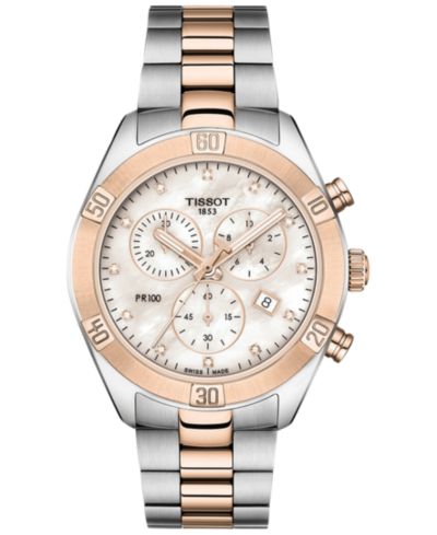 Tissot Женские Swiss Chronograph T-Classic PR 100 Diamond (1/20 ct. t.w.) Two-Tone PVD Stainless Steel Bracelet Watch 38mm