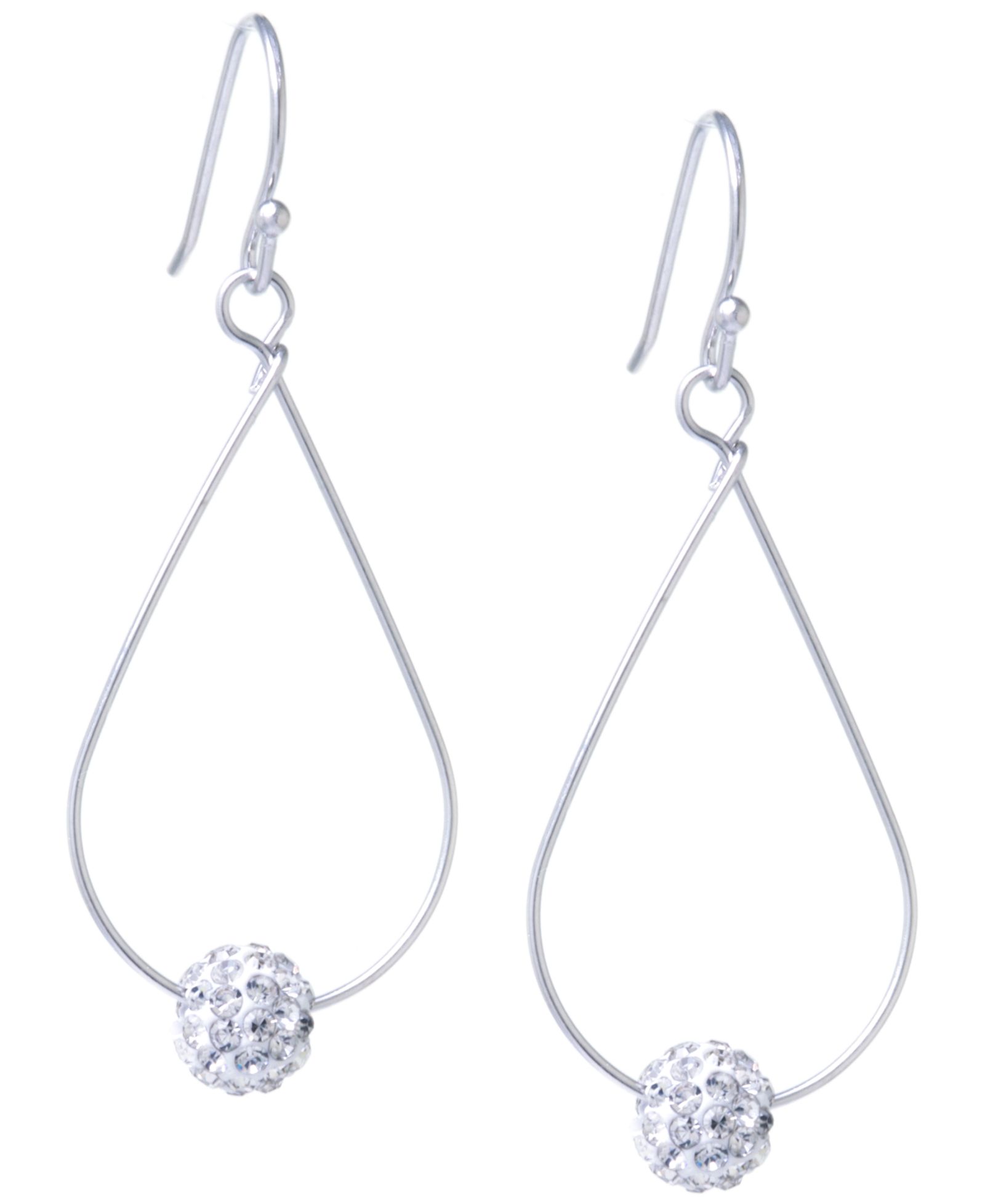Pave Crystal Ball on an Open Tear Drop Wire Earrings Set in Sterling Silver. Available in Clear or Gray