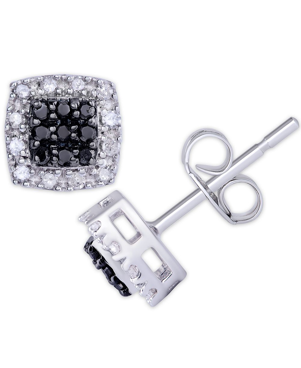 Macy's серьги-гвоздики Black and White Diamond 1/3 ct. t.w. Cushion Square в Sterling Silver