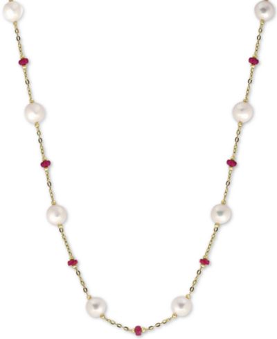 Колье EFFY Cultured Freshwater Pearl (8mm) & Ruby (3-1/3 ct. t.w.) 18" из золота 14k