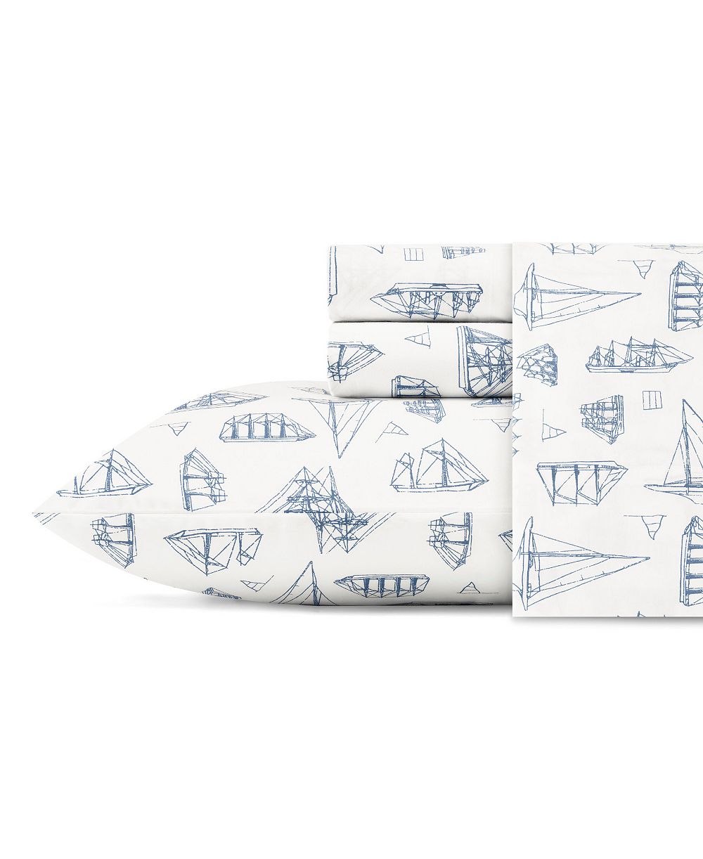 Nautica Whitewood Sail Cotton Percale 4-Piece Sheet Set, Queen