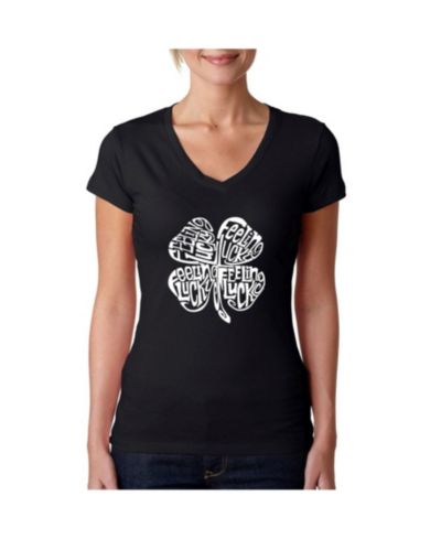 LA Pop Art Women's Word Art V-Neck T-Shirt - Feeling Lucky