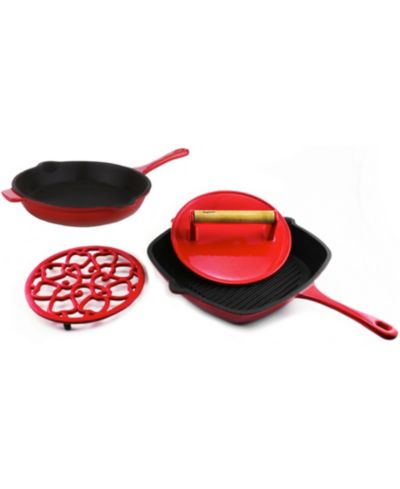 BergHOFF Neo 4pc Cast Iron Fry Pan and Grill Pan Set, Red
