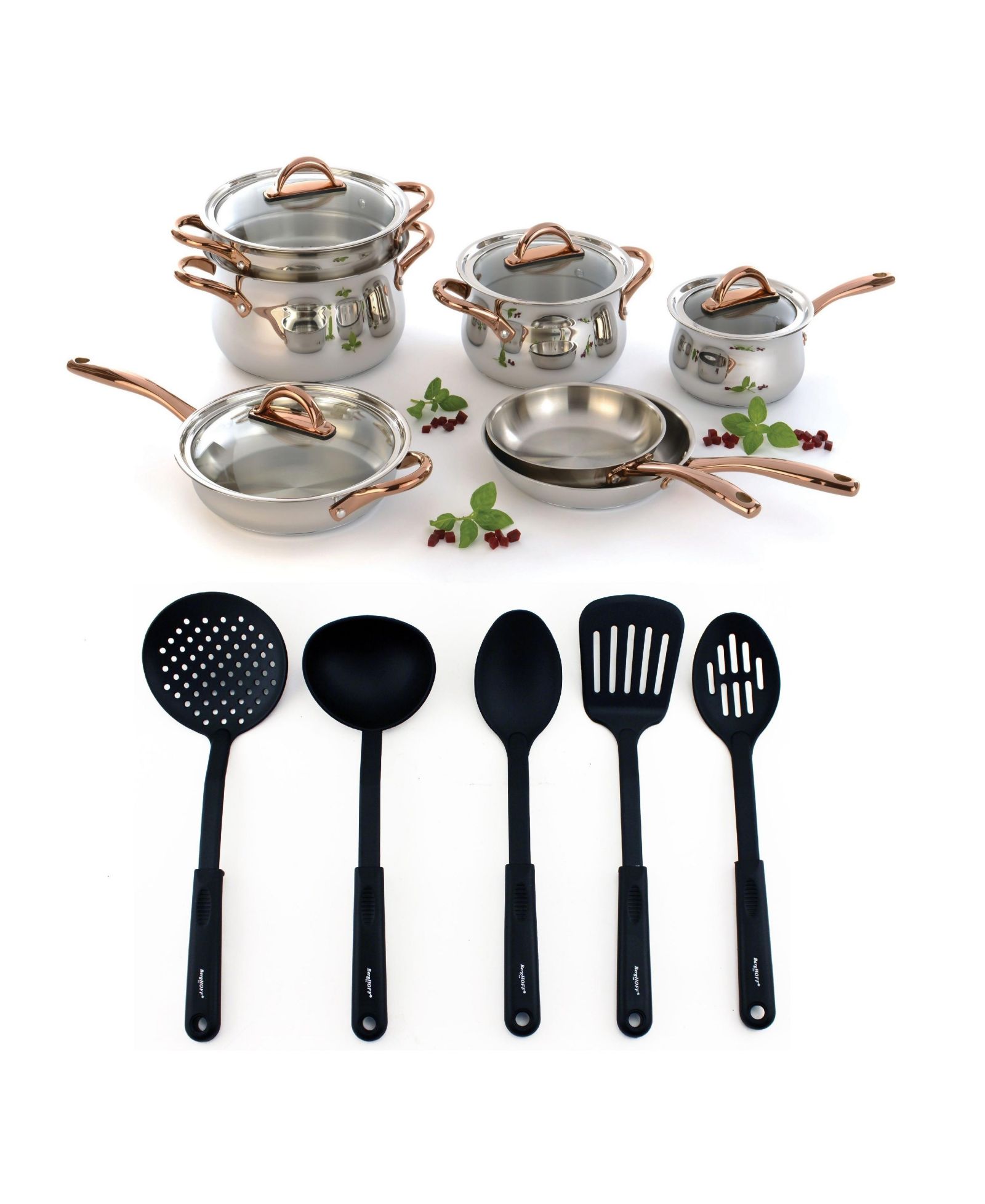 BergHOFF Ouro Gold 16Pc 18/10 Stainless Steel Cookware Set with Glass Lids