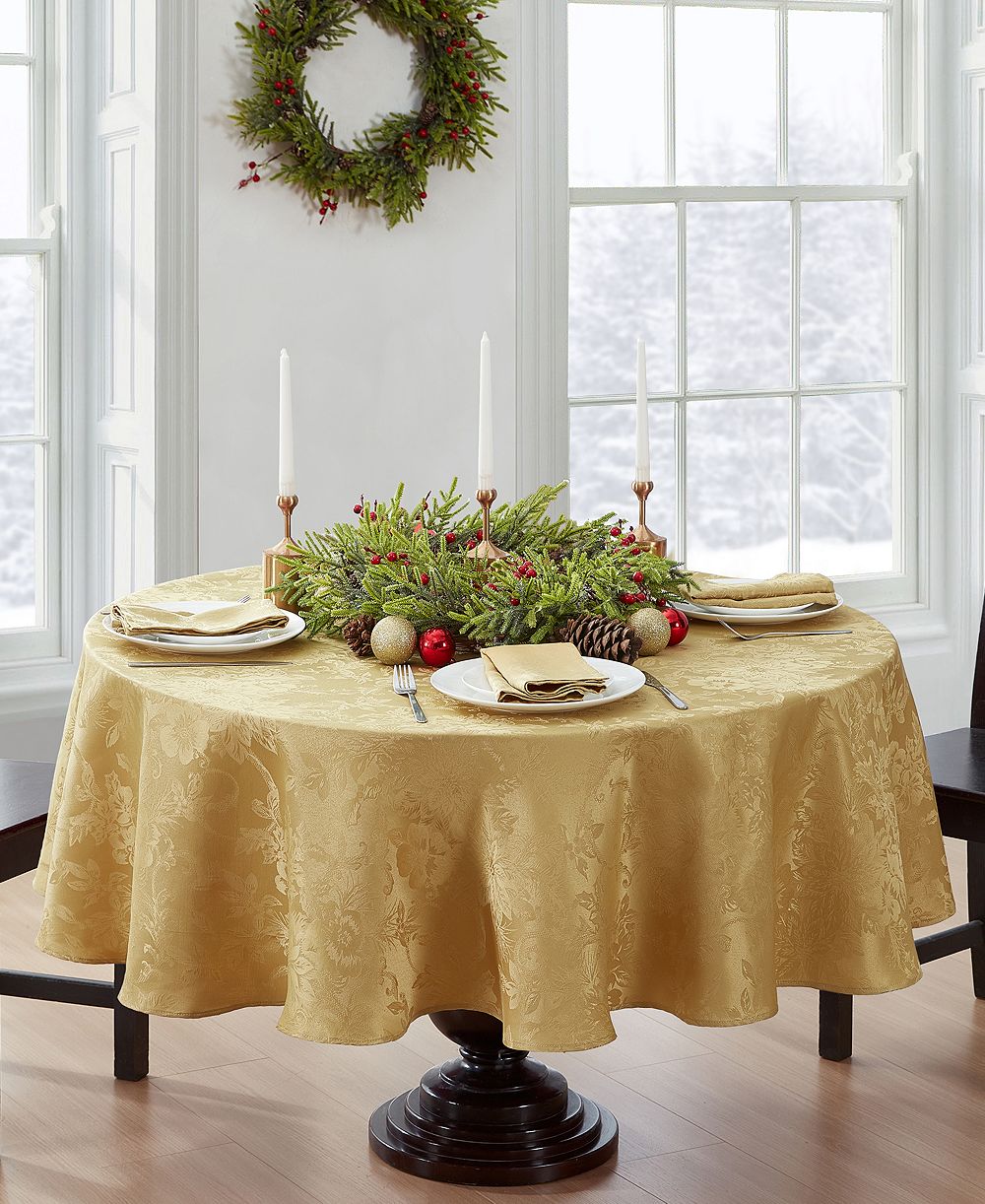 Elrene Poinsettia Elegance Jacquard Holiday Tablecloth - 60" x 84" Oval