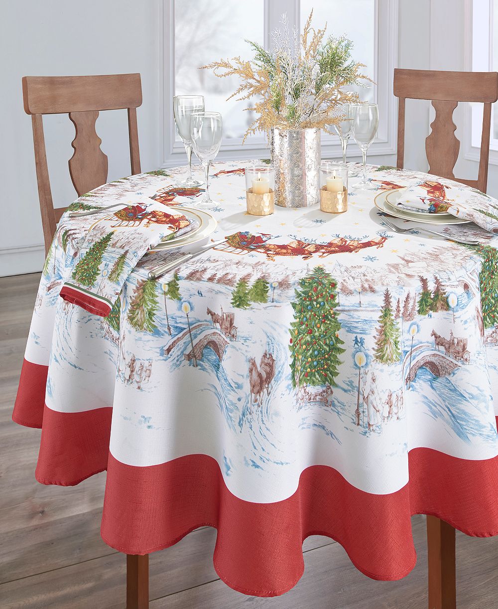 Elrene Santa's Snowy Sleighride Tablecloth - 70"