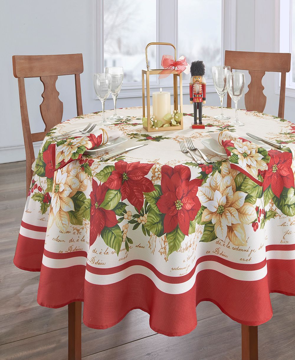 Elrene Red and White Poinsettias Tablecloth - 60" x 84" Oval