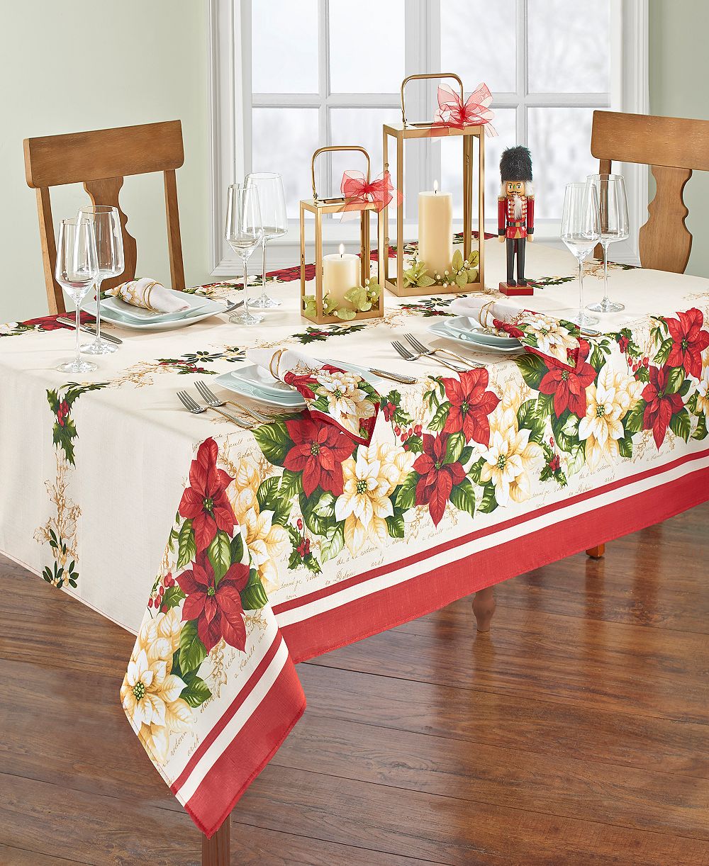 Elrene Red and White Poinsettias Tablecloth - 60" x 120"