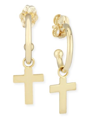 Dangle Cross Hoop Earrings in 14k Gold